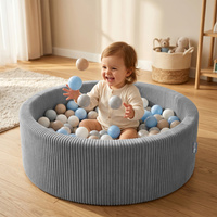 KiddyMoon Bällebad Kinder Schaumstoff rund 90 x 30 cm, Bällepool Baby ab 8 Monaten, strukturierter Rippbezug, stabile 5 cm Wände, Dunkelgrau: Pastellbeige/Pastellblau/Pastellgelb/Minze, 90 x 30 cm 200 Bälle