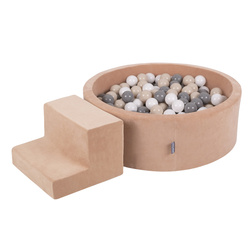 KiddyMoon Spielplatz Velvet Aus Schaumstoff Mit Samt Rund Bällebad Ballgruben Für Babys Spielbad Hindernisläufen, Hergestellt In Der EU, wüstenrosa: pastellbeige/grau/weiß, Bällebad (100 Bälle) + Stüfchen