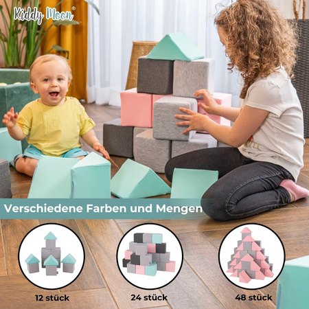 KiddyMoon Schaumstoff Würfel für Baby aus Velours Weiche Blöcke Schaum Spielzeug Montessori-Spielzeug mit Schaum und viel Spaß für Kinder, Blöcke:Lagunetürkis-Eisblau-Berggrau, 6 Stücke