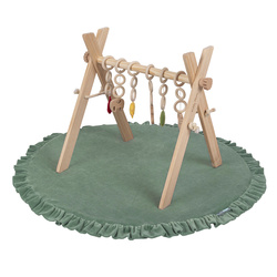 KiddyMoon Hölzerne Spielzeug für Kleinkinder mit hängenden Elementen Spiel Montessori Spielzeug für Kleinkind Übung Baby Gym, Natürlich mit Waldgrün Spielmatte, UNI