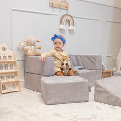 KiddyMoon Kindersofa und Bällen Für Kinder Weiches Schaumstoff-Sofa Leich Modulares Sofa Vielseitig Abnehmbarer Bezug Perfekt für Spiel Lernen und Entspannung, hellgrau: dunkeltürkis/pastellbeige/weiß/minze, Sofa + 100 Bälle