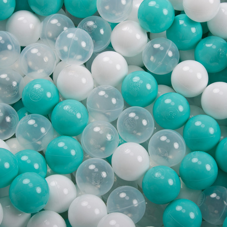KiddyMoon Bällebad Bällepool mit bunten Bällen ∅ 7Cm  für Babys Kinder Rund, dunkelgrau:helltürkis/weiß/transparent, 90x30cm/300 Bälle