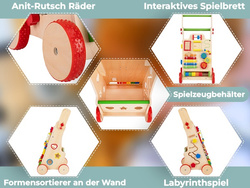 KiddyMoon Lauflernwagen aus Holz für Babys und Kleinkinder, Lauflernhilfe WK-002 Mehrfarbig, Griff Verstellbar