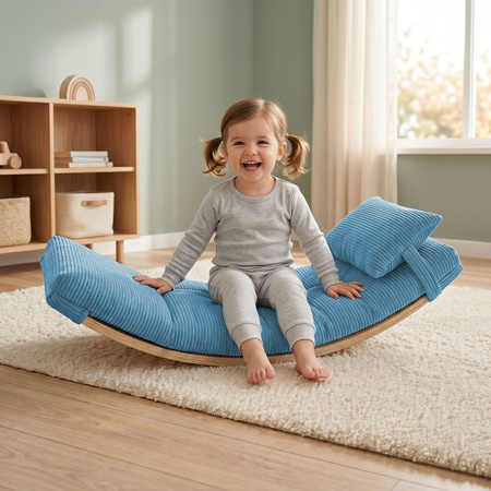 KiddyMoon Balance Board für Kinder aus Holz Balancierbrett mit Matratze und Kissen, Naturfarben/Blau, Balance Board/Matratze/Kissen