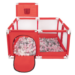 Laufstall mit Korb und Bällen Laufgitter für Kinder, Rot:perle/grau/transparent/puderrosa, 100 Bälle