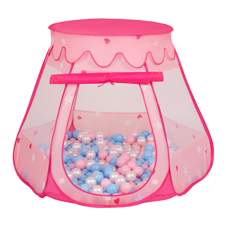 Baby Spielzelt Mit Plastikbällen Für Kinder Leicht und Kompakt ideal für Drinnen Und Draußen Fördert Sensorische Integration Schneller Aufbau, pink:babyblau-puderrosa-perle, 600 Bällen