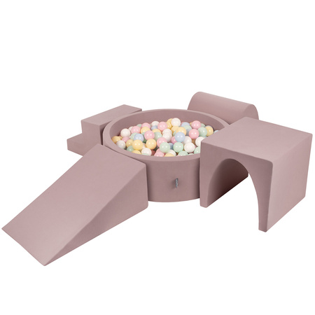 KiddyMoon Spielplatz aus Schaumstoff mit Bällebad und Bällen Hindernisläufen, erikafarben:pastellblau/pastellgelb/weiß/minze/puderrosa, Bällebad (300 Bälle) + Version 3