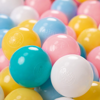 KiddyMoon Kinder Bälle für Bällebad Baby Plastikbälle Spielbälle ∅6cm Made in EU, weiß/gelb/babyblau/puderrosa/türkis, 200 Bälle/6cm