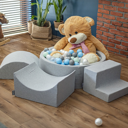 KiddyMoon Bällebad Bällepool mit bunten Bällen ∅ 7Cm  für Babys Kinder Rund, dunkelgrau:schwarz/perle/gold/grau, 90x30cm/200 Bälle