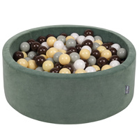 KiddyMoon Rund Bällebad Velvet Bällepool ∅ 7Cm Ballgruben Für Babys Spielbad Kleinkinder, Hergestellt in der EU, waldgrün: grüngrau/pastellgelb/braun/weiß, 90 x 30 cm 300 Bälle