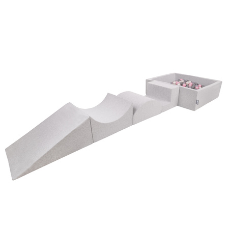 KiddyMoon Spielplatz aus Schaumstoff mit Quadrat Bällebad Bälle Hindernisläufen, hellgrau:perle/grau/transparent/puderrosa, Bällebad (200 Bälle) + Version 5