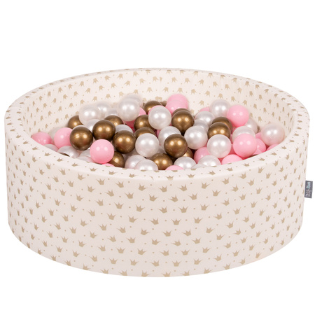 KiddyMoon Rund Bällebad Bällepool 7Cm Kronen-Muster Ballgruben Für Babys Spielbad Kleinkinder, Hergestellt in der EU, Golden-Ecru: Puderrosa/ Perle/ Gelb