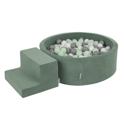 KiddyMoon Spielplatz Velvet Aus Schaumstoff Mit Samt Rund Bällebad Ballgruben Für Babys Spielbad Hindernisläufen, Hergestellt In Der EU, waldgrün: weiß/grau/minze, Bällebad (100 Bälle) + Stüfchen