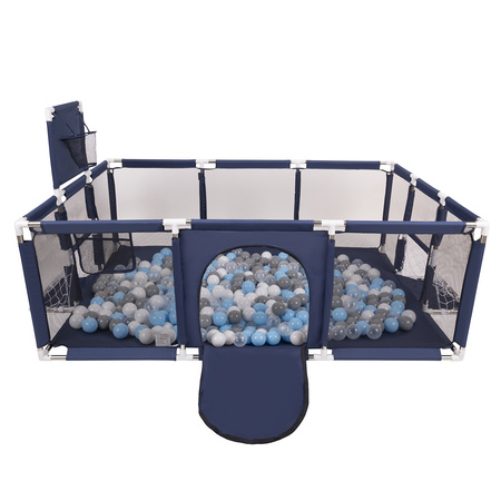 Laufstall Baby Großer Spielplatz mit Bällen Laufgitter für Kinder, Dunkelblau:grau/weiß/transparent/babyblue, 900 Bällen