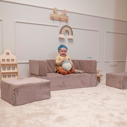 KiddyMoon Kindersofa mit Zwei Weichen Puffen Für Kinder Bequemes und Leichtes Schaumstoff-Sofa Gerippter Stoff Abnehmbarer Bezug Perfekt für Entspannung und Kreativität, dunkelbeige, Sofa/Puff