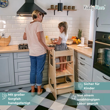 KiddyMoon Lernturm für Kinder ab 1 Jahr, Anti-Kipp-Schutz, 3-fach höhenverstellbar, Schutzbügel, Montessori Küchenhelfer, Schwarz/Natürlich, 91,5x39,3x49,4