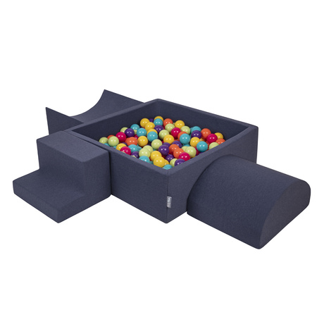 KiddyMoon Spielplatz aus Schaumstoff mit Quadrat Bällebad Bälle Hindernisläufen, dunkelblau:helgrün/gelb/türkis/orange/dpink/violet, Bällebad (300 Bälle) + Version 6