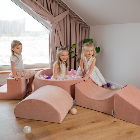KiddyMoon Spielplatz Velvet Aus Schaumstoff Mit Samt Rund Bällebad Ballgruben Für Babys Spielbad Hindernisläufen, Hergestellt In Der EU, wüstenrosa: pastellbeige/pastellgelb/weiß/minze/puderrosa, Bällebad (300 Bälle) + Version 5