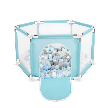 Sechseckiger Laufstall mit Bällen Laufgitter für Kinder, Minze:perle/grau/transparent/babyblau/minze, 400 Bälle