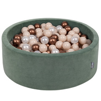KiddyMoon Rund Bällebad Velvet Bällepool ∅ 7Cm Ballgruben Für Babys Spielbad Kleinkinder, Hergestellt in der EU, waldgrün: pastellbeige/kupferrot/perle, 90x30cm/200 Bälle