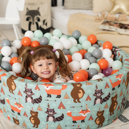 KiddyMoon Rund Bällebad Bällepool ∅ 7Cm Ballgruben Mit Bunten Bällen Für Babys Spielbad Kleinkinder, Hergestellt in der EU, Füchse-grün:orange/mint/grau/weiß, 90x30cm/200 Bälle