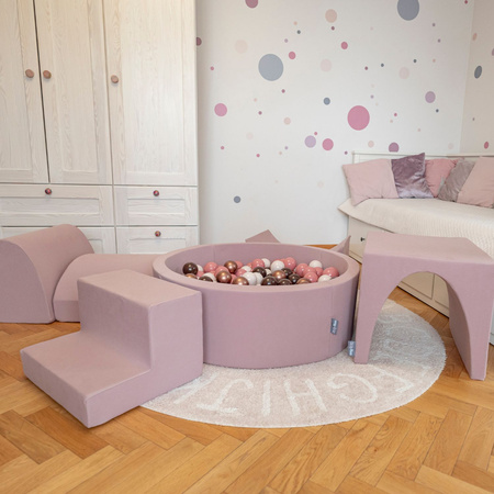 KiddyMoon Spielplatz aus Schaumstoff mit Rund Bällebad (300 Bälle) Ballgruben für Babys Spielbad Hindernisläufen, Hergestellt in der EU, erikafarben:pastellbeige/lachsfarben/weiß, Bällebad (200 Bälle) + Version 1