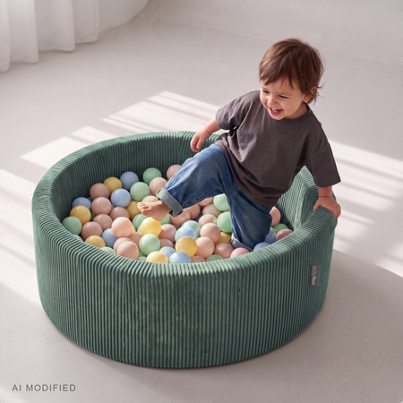 KiddyMoon Bällebad Für Kinder Aus Schaumstoff, 90 X 30 cm, Weicher Rippbezug, Abnehmbarer Bezug, Weiches Und Sicheres Spielzeug, Waschbar, grün:pastellbeige/pastellblau/pastellgelb/minze, 90x30cm/100 Bälle