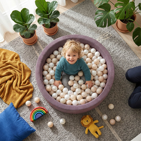 KiddyMoon Bällebad für Kinder aus Schaumstoff, 90 x 30 cm, weicher Rippbezug, abnehmbarer Bezug, weiches und sicheres Spielzeug, waschbar, Violett: Pasteblau/Pastegelb/Weiß/Minze/Puderrosa, 90 x 30 cm 200 Bälle