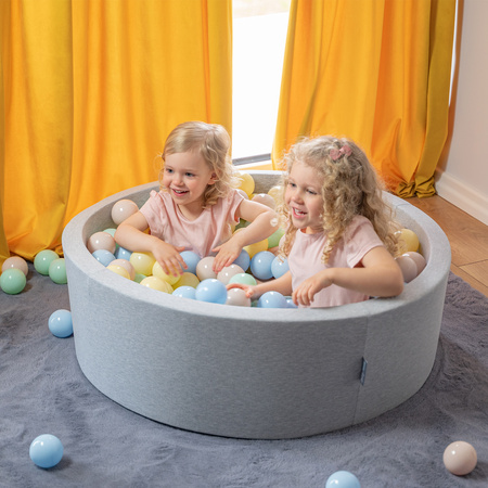 KiddyMoon Bällebad Bällepool mit bunten Bällen ∅ 7Cm  für Babys Kinder Rund, hellgrau:pastellbeige/pastellblau/pastellgelb/minze, 90 x 30 cm 300 Bälle