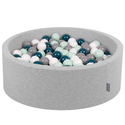 KiddyMoon Bällebad Bällepool mit bunten Bällen ∅ 7Cm für Babys Kinder Rund, hellgrau:dunkeltürkis/grau/weiß/minze, 90x30cm/200 Bälle