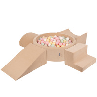 KiddyMoon Spielplatz Velvet Aus Schaumstoff Mit Samt Rund Bällebad Ballgruben Für Babys Spielbad Hindernisläufen, Hergestellt In Der EU, sandbeige:pastellbeige/pastellgelb/weiß/minze/puderrosa, Bällebad (200 Bälle) + Version 5