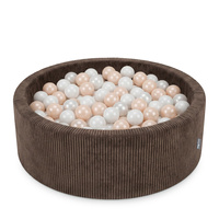 KiddyMoon Bällebad für Kinder aus Schaumstoff, weicher Rippbezug, abnehmbarer Bezug, waschbar, Braun: Pastellbeige/Weiß/Perle, 90 x 30 cm 200 Bälle