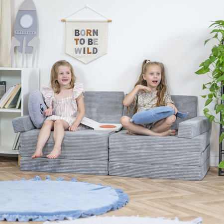 KiddyMoon Kindersofa aus Schaumstoff, Spielsofa für Kinder, Kindersessel, Sofa fürs Kinderzimmer, Kindercouch, Faltmatratze, dunkelgrau, Kindersofa mit 2 Kissen