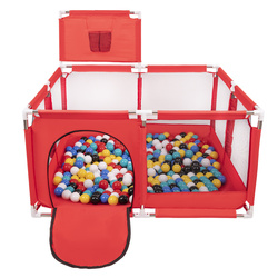 Laufstall mit Korb und Bällen Laufgitter für Kinder, Rot:schwarz/weiß/blau/rot/gelb/türkis, 100 Bälle