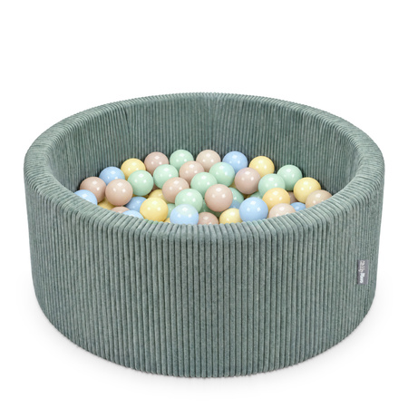 KiddyMoon Bällebad Für Kinder Aus Schaumstoff, 90 X 30 cm, Weicher Rippbezug, Abnehmbarer Bezug, Weiches Und Sicheres Spielzeug, Waschbar, grün:pastellbeige/pastellblau/pastellgelb/minze, 90x30cm/100 Bälle