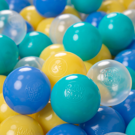 KiddyMoon Kinder Bälle für Bällebad Baby Plastikbälle Spielbälle ∅6cm Made in EU, türkis/blau/gelb/transparent, 300 Bälle/6cm