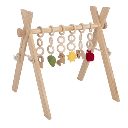 KiddyMoon Hölzerne Spielzeug für Kleinkinder mit hängenden Elementen Spiel Montessori Spielzeug für Kleinkind Übung Baby Gym, Natürlich mit Waldgrün Spielmatte, UNI