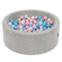 KiddyMoon Bällebad Kinder Schaumstoff rund 90 x 30 cm, Bällepool Baby ab 8 Monaten, strukturierter Rippbezug, stabile 5 cm Wände, Hellgrau: Babyblau/Puderrosa/Perle, 90 x 30 cm 200 Bälle