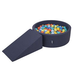 KiddyMoon Spielplatz aus Schaumstoff mit Bällebad und Bällen Hindernisläufen, dunkelblau:hellgrün/orange/türkis/blau/bblue/gelb, Bällebad (100 Bälle) + Zwickel