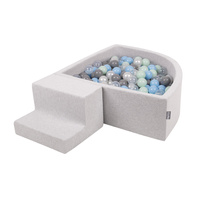 KiddyMoon Spielplatz Schaumstoff mit Viertel Eckig Bällebad Bälle Hindernisläufe, hellgrau:perle/grau/transparent/babyblue/minze, Bällebad (100 Bälle) + Stüfchen