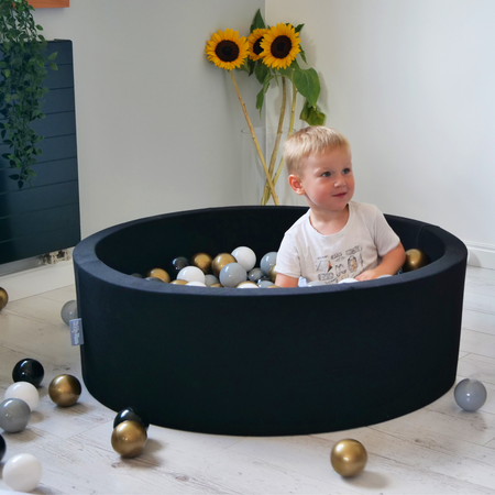KiddyMoon Kinder Bälle für Bällebad Baby Spielbälle Plastikbälle ∅7cm Made in EU, schwarz/perle/golden/grau, 100 Bälle/7cm