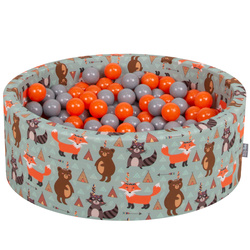 KiddyMoon Rund Bällebad Bällepool ∅ 7Cm Ballgruben Mit Bunten Bällen Für Babys Spielbad Kleinkinder, Hergestellt in der EU, Füchse-grün:orange/grau, 90x30cm/200 Bälle