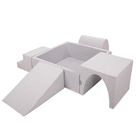 KiddyMoon Spielplatz aus Schaumstoff mit Quadrat Bällebad Bälle Hindernisläufen, hellgrau:perle/grau/transparent/puderrosa, Bällebad (300 Bälle) + Version 3