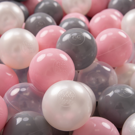 KiddyMoon Kinder Bälle für Bällebad Baby Spielbälle Plastikbälle ∅7cm Made in EU, perle/grau/transparent/puderrosa