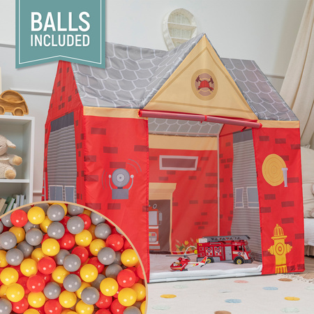 Spielhaus Spielzelt Feuerwehrhaus Faltbares Für Kinder Realistisches Design Langlebige Und Sichere Materialien Leicht Zu Montieren Perfekt Für Drinnen Und Draußen, rot-grau:grau/gelb/rot/, 100 Bälle