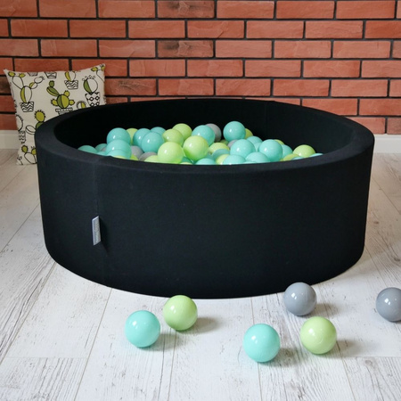 KiddyMoon Bällebad Bällepool mit bunten Bällen ∅ 7Cm  für Babys Kinder Rund, schwarz:hellgrün/helltürkis/grau, 90x30cm/200 Bälle