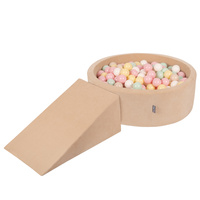 KiddyMoon Spielplatz Velvet Aus Schaumstoff Mit Samt Rund Bällebad Ballgruben Für Babys Spielbad Hindernisläufen, Hergestellt In Der EU, sandbeige:pastellbeige/pastellgelb/weiß/minze/puderrosa, Bällebad (200 Bälle) + Zwickel