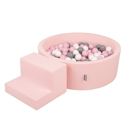 KiddyMoon Spielplatz aus Schaumstoff mit Rund Bällebad (200 Bälle) Ballgruben für Babys Spielbad Hindernisläufen, Hergestellt in der EU, pink:weiß/grau/puderrosa, Bällebad (100 Bälle) + Stüfchen