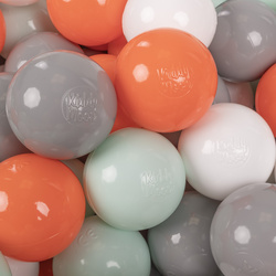 KiddyMoon Kinder Bälle für Bällebad Baby Spielbälle Plastikbälle ∅7cm Made in EU, orange/minze/grau/weiß, 100 Bälle/7cm