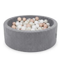 KiddyMoon Bällebad für Kinder aus Schaumstoff, weicher Rippbezug, abnehmbarer Bezug, waschbar, Dunkelgrau: Pastellbeige/Weiß/Perle, 90 x 30 cm 200 Bälle